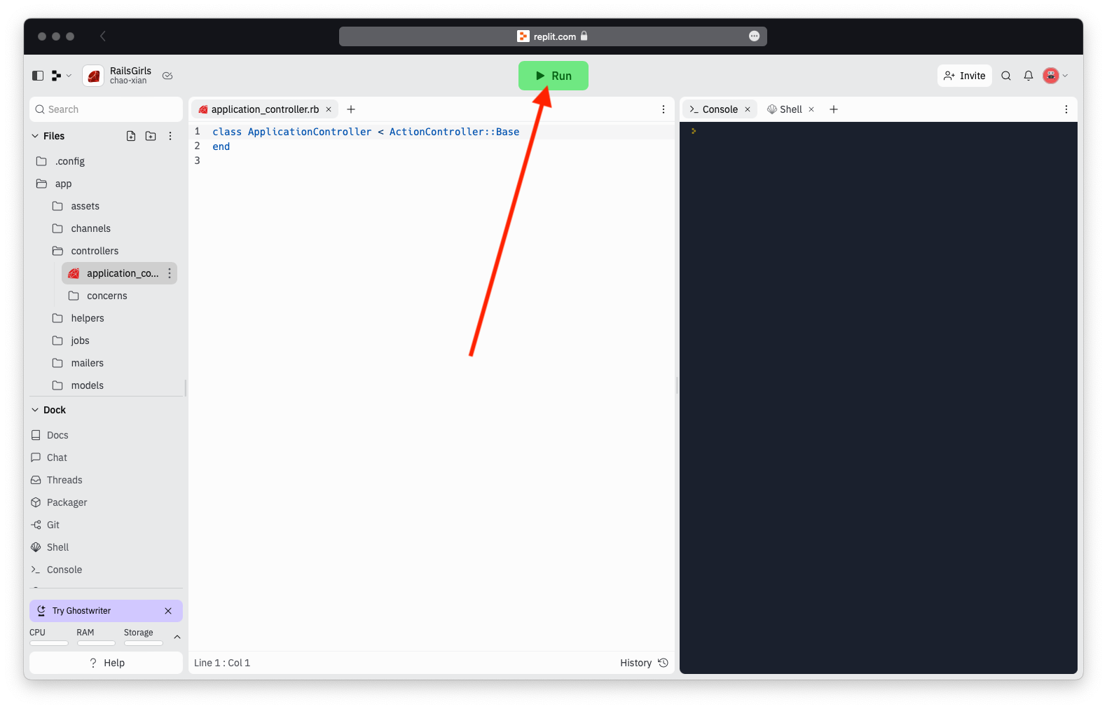 Run button highlighted to start the Rails app